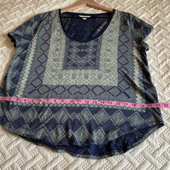 LUCKY BRAND Shirt Women’s L Navy Geometric Burnout Short Sleeve Boho Top Tee - Picture 8 of 10